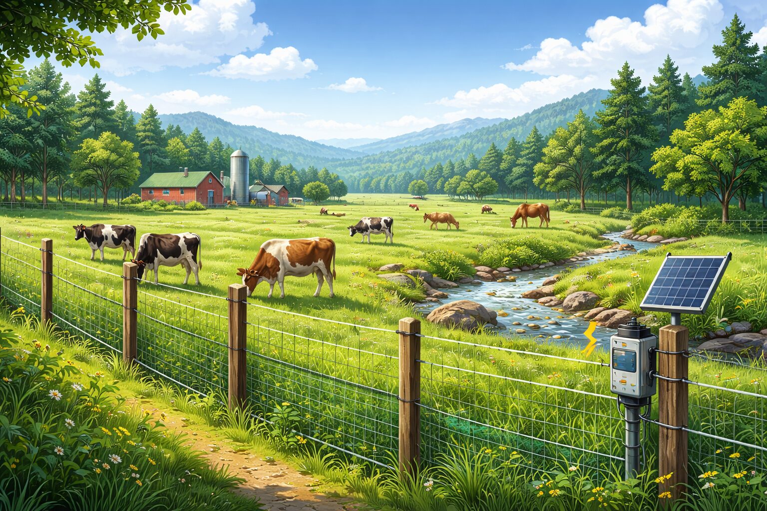 放牧地を囲うフェンスと家畜を守る獣害対策のイメージ