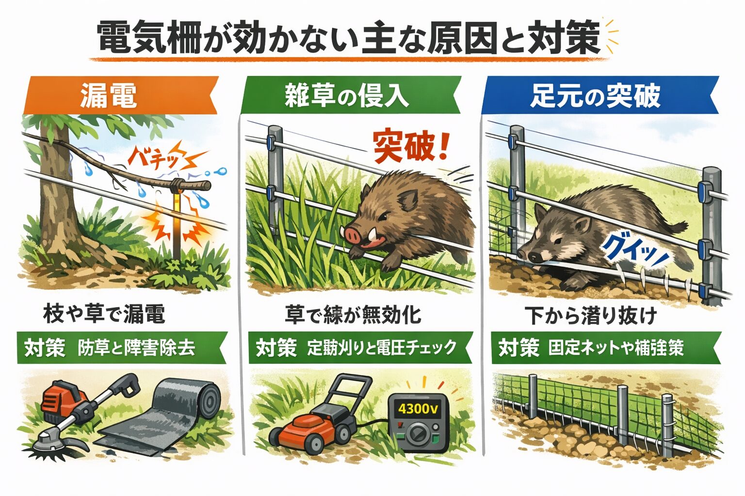 電気柵が効かない原因7選｜漏電・雑草・足元侵入を図解